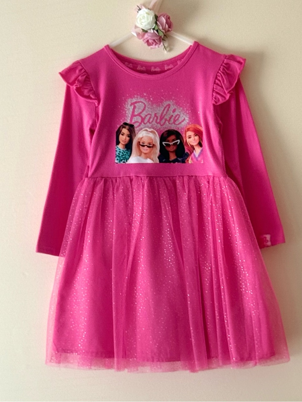 Primark Toddler Girls Barbie Pink Long-Sleeve Tulle Dress, Size 3-4 yrs